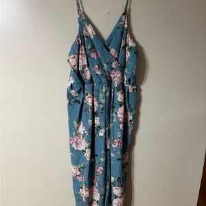 Blue Spaghetti Strap Jumpsuit with Roses for Wedding Guest or Casual Wear